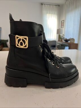 WISHBONE Black Lace-Up Platform Combat Boots with Gold Buckle Accent